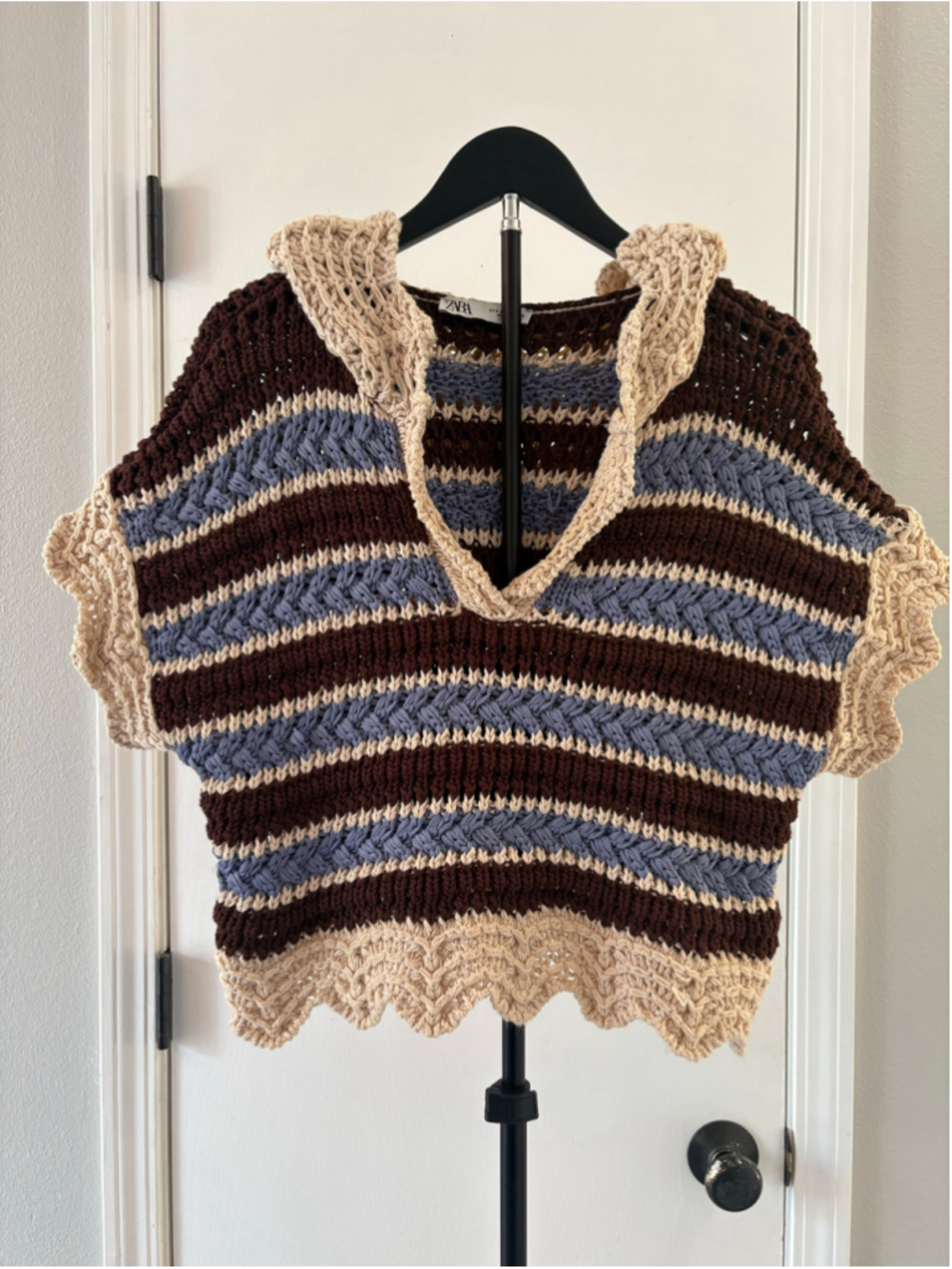 Zara Striped Crochet Hooded Sweater Top Women's Small